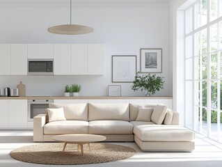 Modern Beige L Shaped Sofa in Bright Living Room
