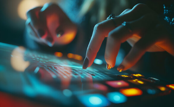 Fingertips dancing on digital interface, illuminating future technologies and financial insights with sleek sophistication and a touch of elegance