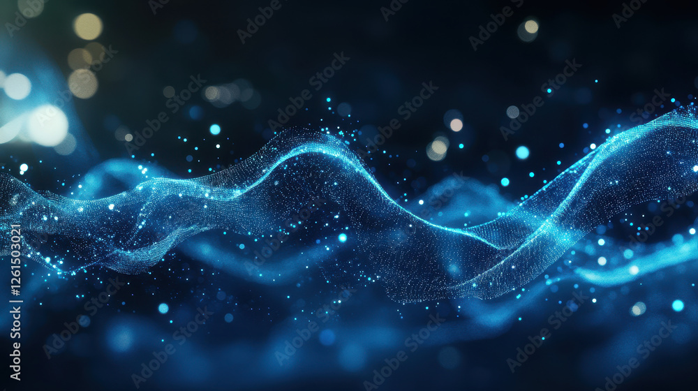 Poster abstract blue glowing particles wave on a dark background with a bokeh effect