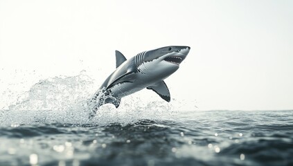 Fototapeta premium Great White Shark Leaps from Ocean Water, Powerful Predator Breaching Surface Dramatically