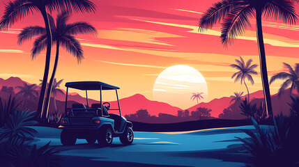 Golf course with palm trees and a golf cart at sunset. Golem-Forged Landscapes. Illustration