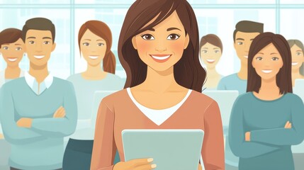 Smiling woman holding tablet, surrounded by colleagues. Illustrates teamwork, collaboration, and modern office.