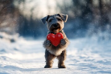 Irish wolfhound - my desired dog, symbol of friendship. Cute irish wolfhound pup with diamond red heart on a walk in a winter garden. Promotion pet animal conceptual art pattern.