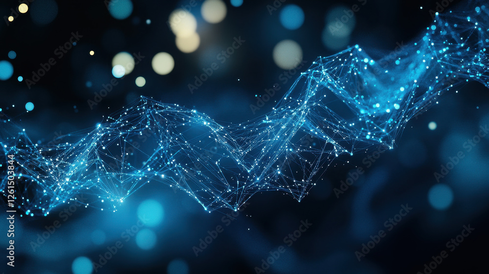 Poster abstract blue glowing particles wave on a dark background with a bokeh effect