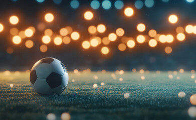 Fototapeta premium Nighttime anticipation, A soccer ball rests on the dewy field under a luminous display of bokeh lights evoking a sense of excitement and sportsmanship