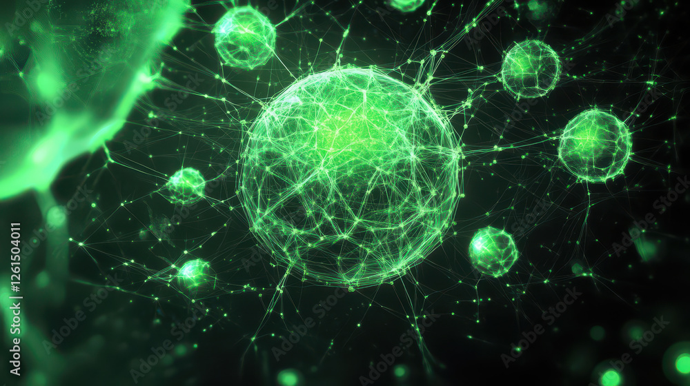 Poster abstract background with glowing green spheres and interconnected lines on a dark black backdrop