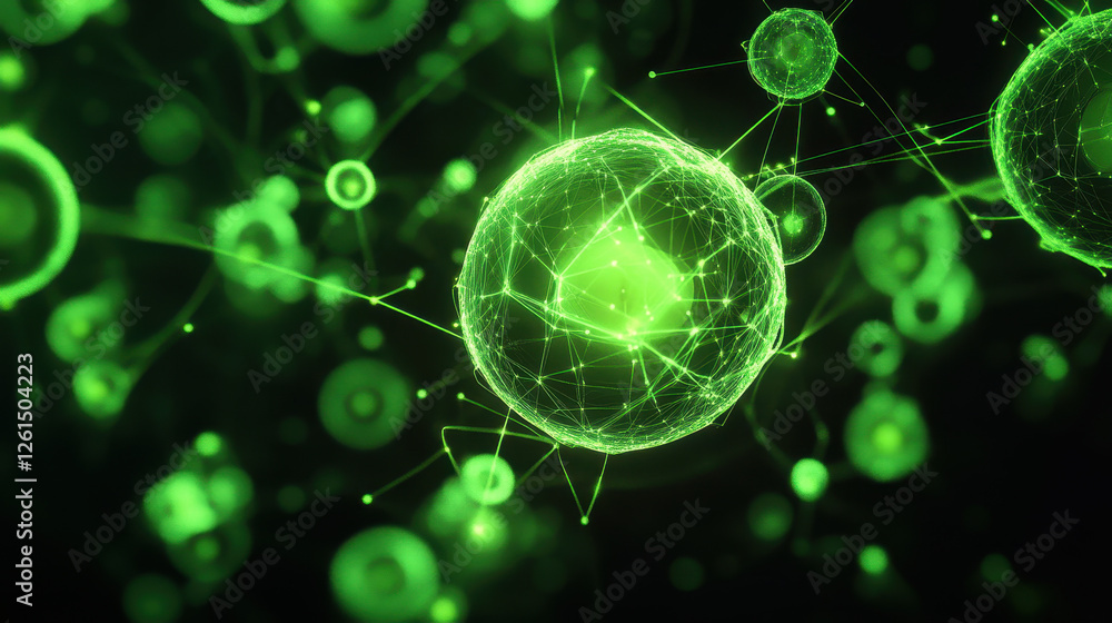 Poster abstract background with glowing green spheres and interconnected lines on a dark black backdrop