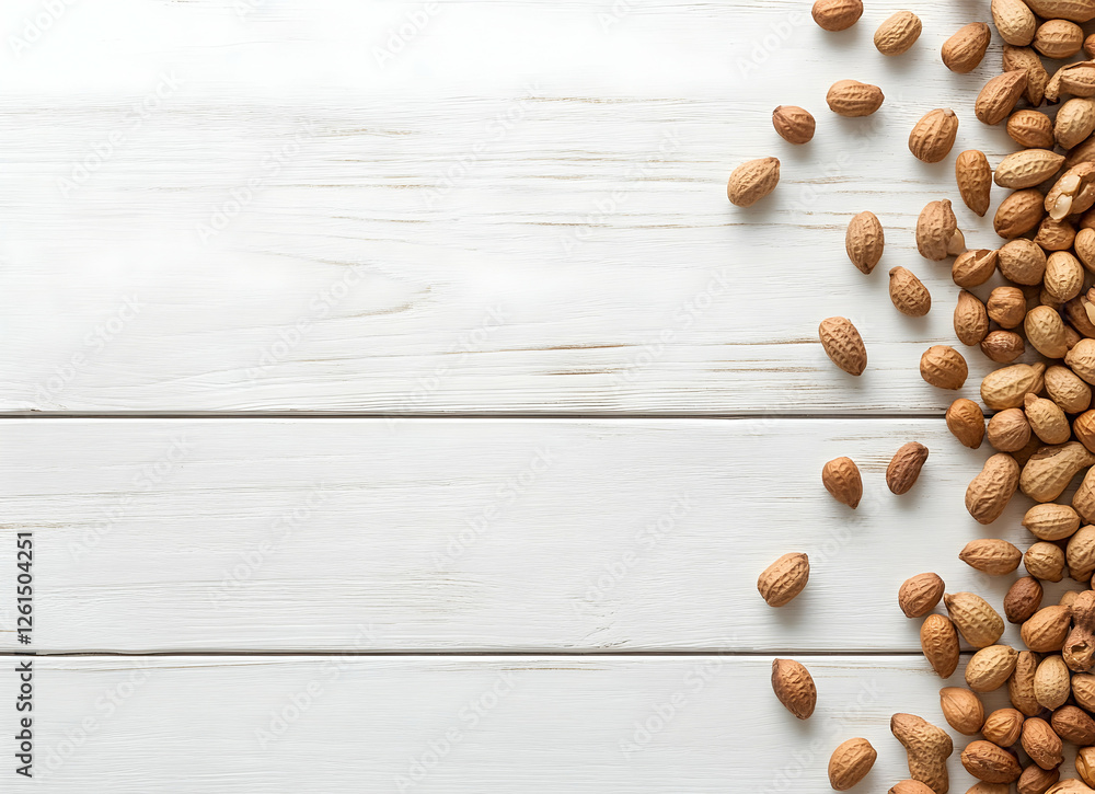 Poster peanuts cascading onto a bright white wooden surface, creating a textural contrast with ample copy s