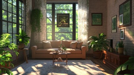 Fototapeta premium Sun-Drenched Serenity, Indoor Oasis with Natural Light and Greenery
