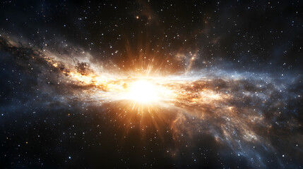 A vibrant nebula bursts with radiant energy at its core, glowing with intense light and surrounded by swirling cosmic dust and stars in a breathtaking display of celestial beauty.