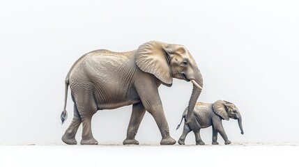 Fototapeta premium Two elephants, one adult and one calf, walking gracefully on a minimalist background
