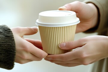 Hands exchanging disposable coffee cup outdoors
