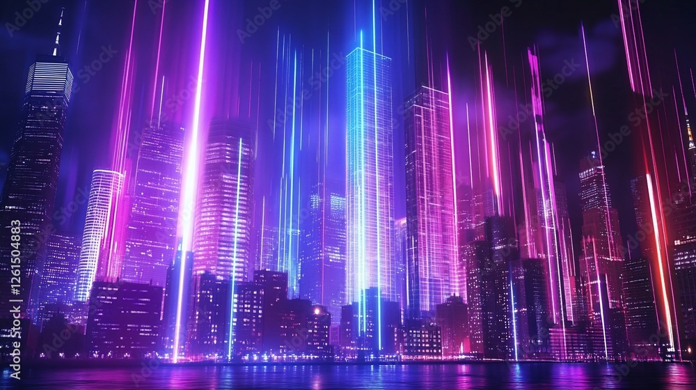 Poster a vibrant abstract city skyline with colorful neon light streams at night, creating a dynamic futuri