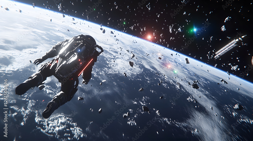 Poster a lone astronaut in a futuristic spacesuit floats through a debris field in space, with earth's hori
