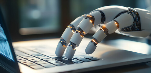 Robotic hand poised over laptop keyboard, highlighting AI integration in computing and automation's reach into everyday technological interaction
