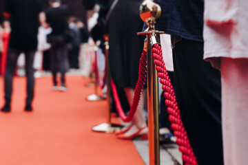 Red carpet with ropes and golden barriers on a luxury party entrance, cinema premiere tv film...