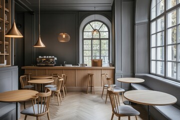 Fototapeta premium Modern cafe interior, bar area, natural light, people absent