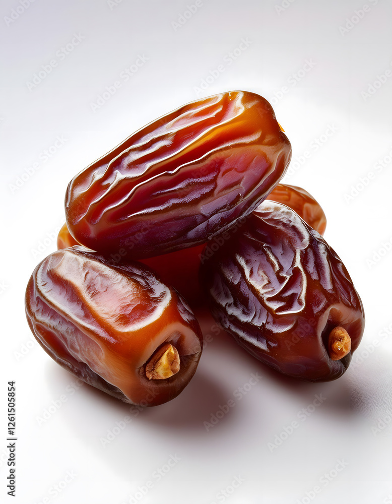 Poster a close-up image of four glossy, wrinkled dates stacked together, showcasing their rich brown color 
