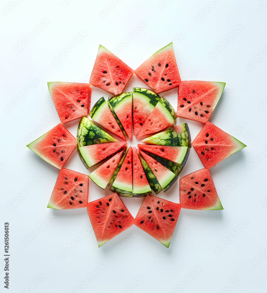 Poster slices of refreshing watermelon are arranged in a circular pattern against a clean white background,