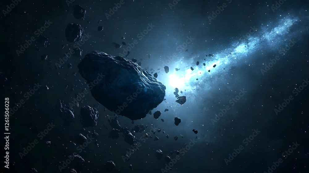 Poster a breathtaking view of an asteroid field in deep space. large rocks and smaller debris float amidst 