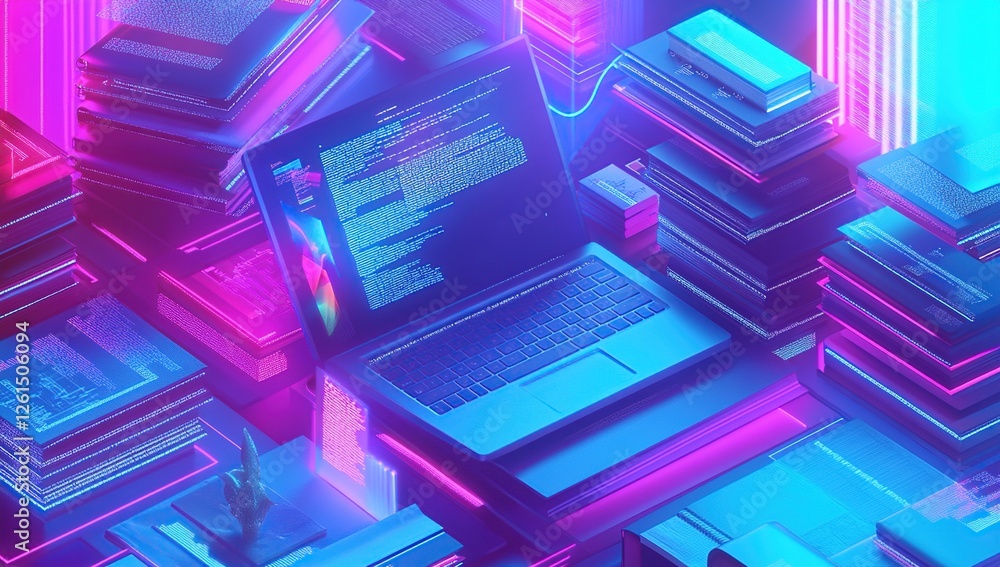 Poster laptop displays code in neon light, futuristic digital data blocks surround it.