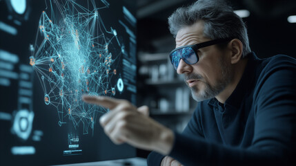 Individuals using advanced augmented reality (AR) and virtual reality (VR) technologies for data visualization and interactive analysis.