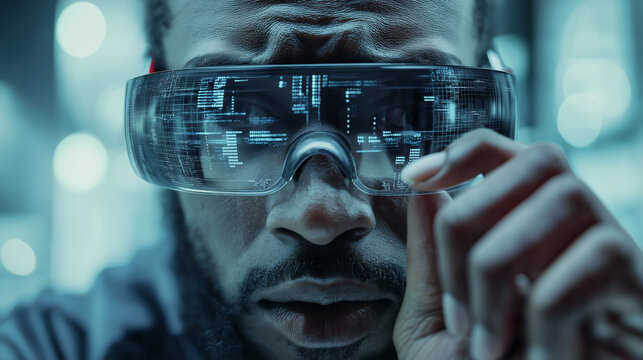 Individuals using advanced augmented reality (AR) and virtual reality (VR) technologies for data visualization and interactive analysis. - Powered by Adobe