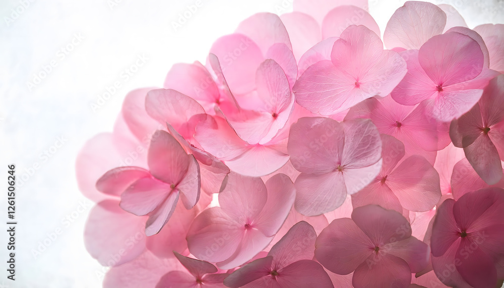 Aufkleber soft pink petals of hydrangea flowers overlapping each other, creating a delicate and ethereal flora