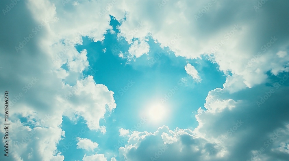 Poster abstract view of a bright sun shining through a dynamic sky with fluffy clouds on a bright day