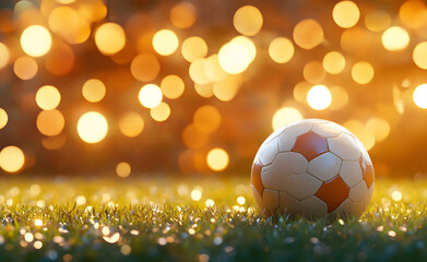 Fototapeta premium Soccer ball resting on vibrant green grass illuminated by a constellation of sparkling lights, evoking a sense of celebration and festive anticipation