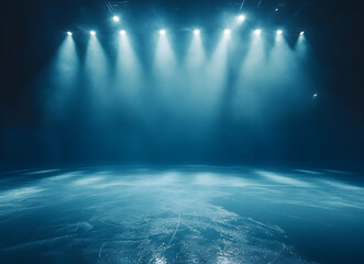 Spectacular arena scene, captivating ice rink illuminated by stage lights, creating a mesmerizing and atmospheric blue hue, inviting energy