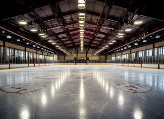 Spectacular view of empty ice hockey arena with bright overhead lights showcasing the pristine surface and vast open space for sports competition