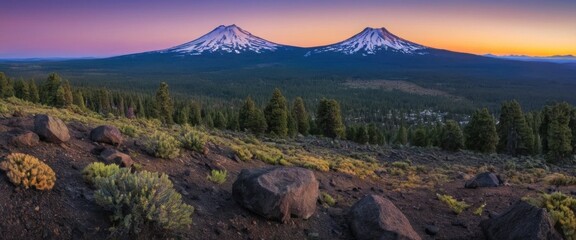 Panoramic View of the Snow-Capped Three Sisters Mountains at Sunset