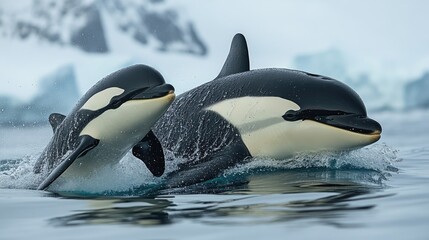 Two orcas swimming gracefully in icy waters, showcasing their playful interaction amidst icebergs