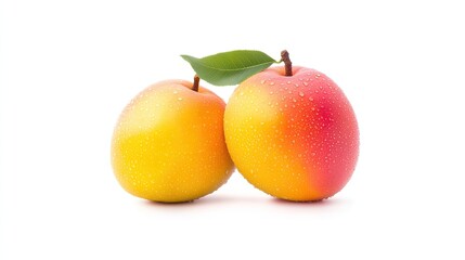 Two ripe, dew-covered mangoes with a green leaf, showcasing freshness and vibrant colors