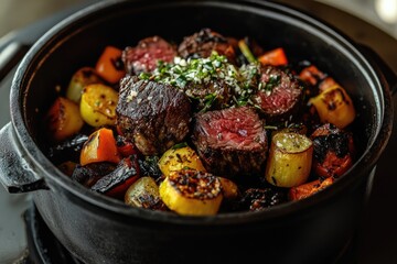 Roasted beef and vegetables in a large cast iron pot on stove top