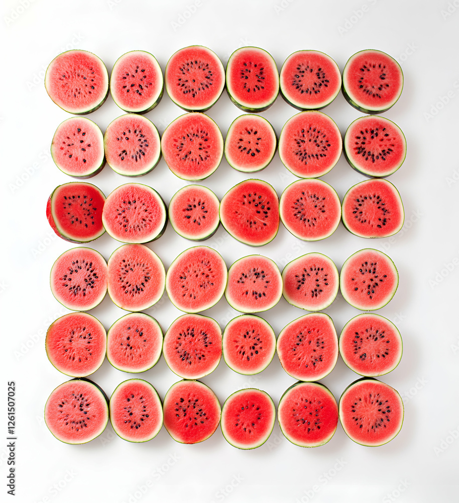 Poster symmetrical array of vibrant watermelon slices, capturing refreshing summer moments with a juicy pat