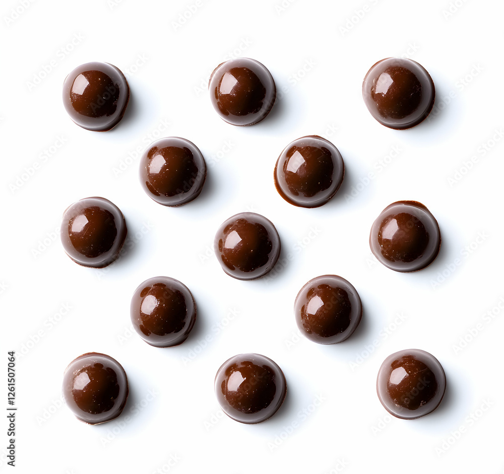 Poster symmetrical delight, a captivating array of glossy chocolate spheres on pristine white backdrop, emp