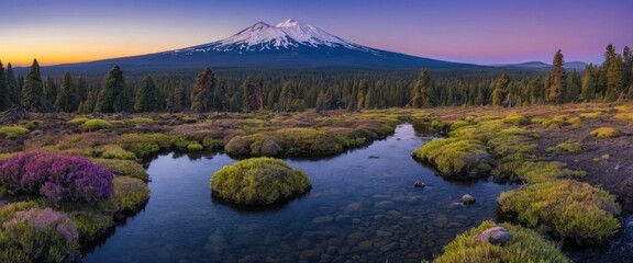 Majestic Mount Shasta reflecting in the calm waters during sunset