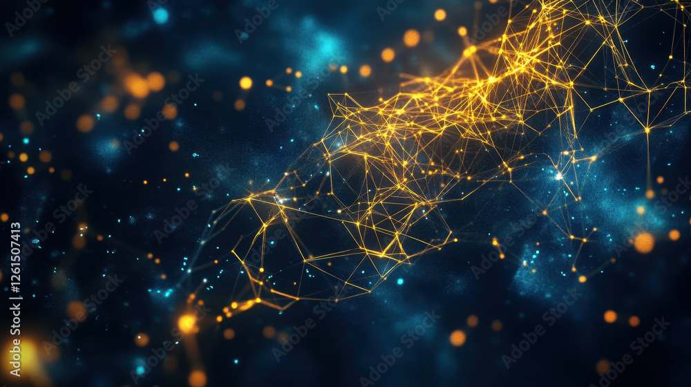 Poster abstract digital background with glowing connections and neural networks in shades of blue and gold