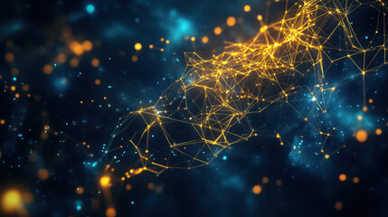 Obraz premium Abstract digital background with glowing connections and neural networks in shades of blue and gold