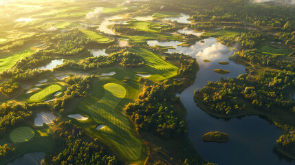Beautiful aerial view overlooking a lush green golf course with rolling hills and water hazards. Golem-Forged Landscapes. Illustration