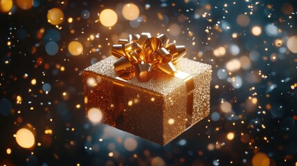 Sparkling Golden Gift Box Surrounded by Bright Bokeh Lights for Festive Celebrations and Holiday Events