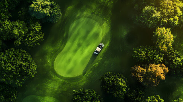 Aerial view of golf cart on lush green course. Golem-Forged Landscapes. Illustration