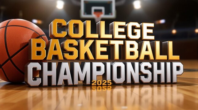College Basketball Championship 2026 Epic 3D Text in Gold and Silver Colors Next to a Basketball. Striking Sports Poster for News and Articles about March Madness in America. Final Four