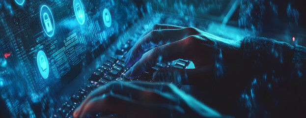 Typing into the digital age, A hacker's hands coding with blue security interface and a keyboard with a dark background in a technological world