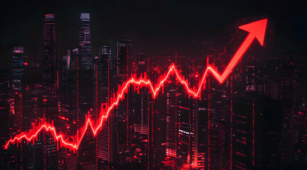 Urban Ascent, A Red Graph Ascending Over a Cityscape Illuminates Financial Growth and Investment Opportunities in the Modern World