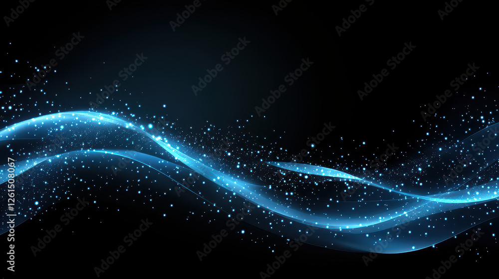 Poster abstract blue glowing particles wave on a dark background with a bokeh effect