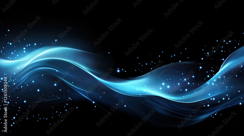 Poster abstract blue glowing particles wave on a dark background with a bokeh effect