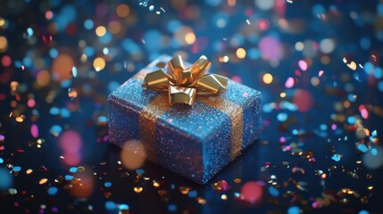 A Glimmering Blue Gift Box with Golden Ribbon Surrounded by Colorful Confetti and Sparkling Background